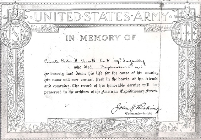 Copy of Memorial Certificate sent after Ruben's Death in WWI